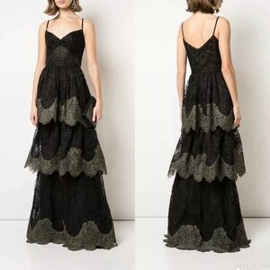 NWT MARCHESA NOTTE SLEEVELESS METALLIC SCALLOP LACE GOWN IN BLACK